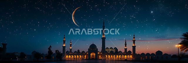  الفن الهندسي المعماري للمساجد، ديكورات وتصاميم متميزة على الطراز الاسلامي للقبب والمآذن المضيئة ليلا، مسجد عربي فاخر، العبادة والتقرب إلى الله، آداء الفرائض والصلوات، خلفيات دينية رمضانية، منظر الهلال في السماء