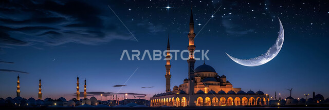  الفن الهندسي المعماري للمساجد، ديكورات وتصاميم متميزة على الطراز الاسلامي للقبب والمآذن المضيئة ليلا، مسجد عربي فاخر، العبادة والتقرب إلى الله، آداء الفرائض والصلوات، خلفيات دينية رمضانية، منظر الهلال في السماء