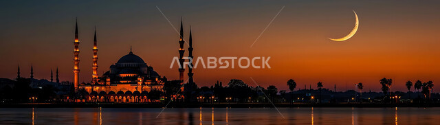  الفن الهندسي المعماري للمساجد، ديكورات وتصاميم متميزة على الطراز الاسلامي للقبب والمآذن المضيئة ليلا، مسجد عربي فاخر، العبادة والتقرب إلى الله، آداء الفرائض والصلوات، خلفيات دينية رمضانية، منظر الهلال في السماء