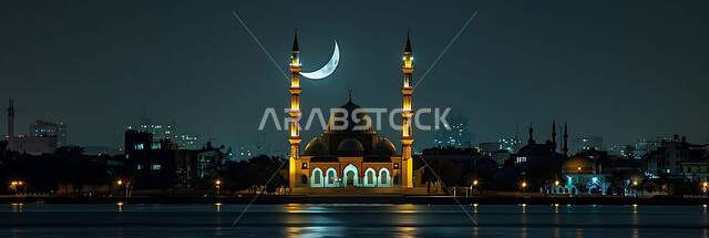  الفن الهندسي المعماري للمساجد، ديكورات وتصاميم متميزة على الطراز الاسلامي للقبب والمآذن المضيئة ليلا، مسجد عربي فاخر، العبادة والتقرب إلى الله، آداء الفرائض والصلوات، خلفيات دينية رمضانية، منظر الهلال في السماء