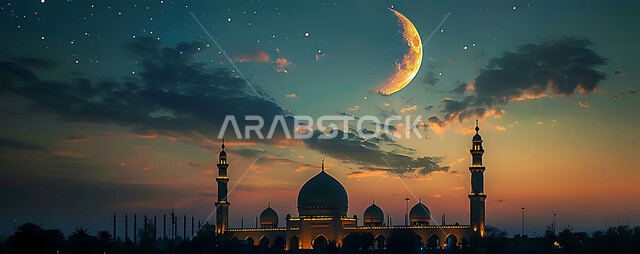  الفن الهندسي المعماري للمساجد، ديكورات وتصاميم متميزة على الطراز الاسلامي للقبب والمآذن المضيئة ليلا، مسجد عربي فاخر، العبادة والتقرب إلى الله، آداء الفرائض والصلوات، خلفيات دينية رمضانية، منظر الهلال في السماء