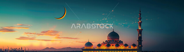  الفن الهندسي المعماري للمساجد، ديكورات وتصاميم متميزة على الطراز الاسلامي للقبب والمآذن المضيئة ليلا، مسجد عربي فاخر، العبادة والتقرب إلى الله، آداء الفرائض والصلوات، خلفيات دينية رمضانية، منظر الهلال في السماء
