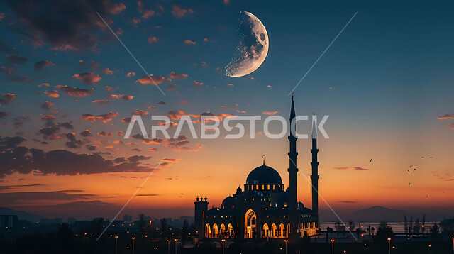  الفن الهندسي المعماري للمساجد، ديكورات وتصاميم متميزة على الطراز الاسلامي للقبب والمآذن المضيئة ليلا، مسجد عربي فاخر، العبادة والتقرب إلى الله، آداء الفرائض والصلوات، خلفيات دينية رمضانية، منظر الهلال في السماء