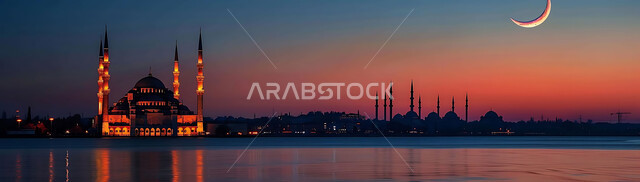  الفن الهندسي المعماري للمساجد، ديكورات وتصاميم متميزة على الطراز الاسلامي للقبب والمآذن المضيئة ليلا، مسجد عربي فاخر، العبادة والتقرب إلى الله، آداء الفرائض والصلوات، خلفيات دينية رمضانية، منظر الهلال في السماء