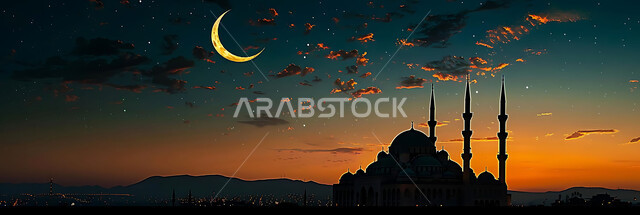  الفن الهندسي المعماري للمساجد، ديكورات وتصاميم متميزة على الطراز الاسلامي للقبب والمآذن المضيئة ليلا، مسجد عربي فاخر، العبادة والتقرب إلى الله، آداء الفرائض والصلوات، خلفيات دينية رمضانية، منظر الهلال في السماء