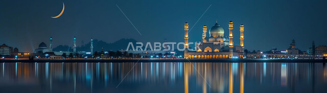  الفن الهندسي المعماري للمساجد، ديكورات وتصاميم متميزة على الطراز الاسلامي للقبب والمآذن المضيئة ليلا، مسجد عربي فاخر، العبادة والتقرب إلى الله، آداء الفرائض والصلوات، خلفيات دينية رمضانية، منظر الهلال في السماء