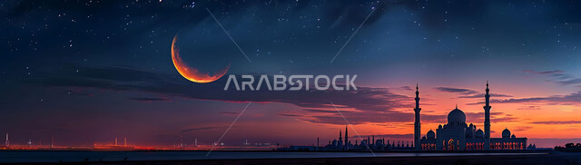  الفن الهندسي المعماري للمساجد، ديكورات وتصاميم متميزة على الطراز الاسلامي للقبب والمآذن المضيئة ليلا، مسجد عربي فاخر، العبادة والتقرب إلى الله، آداء الفرائض والصلوات، خلفيات دينية رمضانية، منظر الهلال في السماء