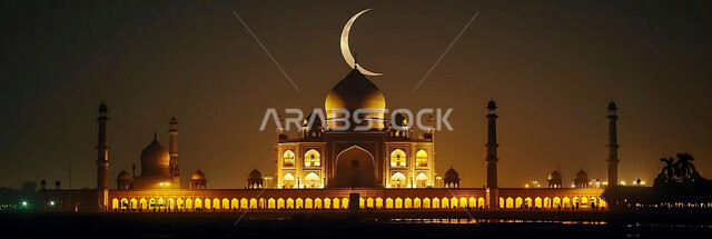  الفن الهندسي المعماري للمساجد، ديكورات وتصاميم متميزة على الطراز الاسلامي للقبب والمآذن المضيئة ليلا، مسجد عربي فاخر، العبادة والتقرب إلى الله، آداء الفرائض والصلوات، خلفيات دينية رمضانية، منظر الهلال في السماء