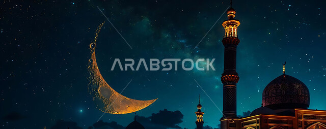  الفن الهندسي المعماري للمساجد، ديكورات وتصاميم متميزة على الطراز الاسلامي للقبب والمآذن المضيئة ليلا، مسجد عربي فاخر، العبادة والتقرب إلى الله، آداء الفرائض والصلوات، خلفيات دينية رمضانية، منظر الهلال في السماء