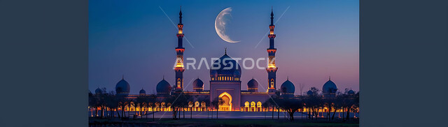  الفن الهندسي المعماري للمساجد، ديكورات وتصاميم متميزة على الطراز الاسلامي للقبب والمآذن المضيئة ليلا، مسجد عربي فاخر، العبادة والتقرب إلى الله، آداء الفرائض والصلوات، خلفيات دينية رمضانية، منظر الهلال في السماء