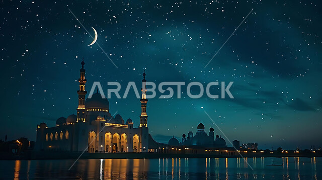  الفن الهندسي المعماري للمساجد، ديكورات وتصاميم متميزة على الطراز الاسلامي للقبب والمآذن المضيئة ليلا، مسجد عربي فاخر، العبادة والتقرب إلى الله، آداء الفرائض والصلوات، خلفيات دينية رمضانية، منظر الهلال في السماء