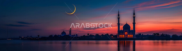  الفن الهندسي المعماري للمساجد، ديكورات وتصاميم متميزة على الطراز الاسلامي للقبب والمآذن المضيئة ليلا، مسجد عربي فاخر، العبادة والتقرب إلى الله، آداء الفرائض والصلوات، خلفيات دينية رمضانية، منظر الهلال في السماء