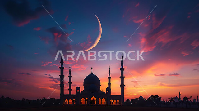  الفن الهندسي المعماري للمساجد، ديكورات وتصاميم متميزة على الطراز الاسلامي للقبب والمآذن المضيئة ليلا، مسجد عربي فاخر، العبادة والتقرب إلى الله، آداء الفرائض والصلوات، خلفيات دينية رمضانية، منظر الهلال في السماء