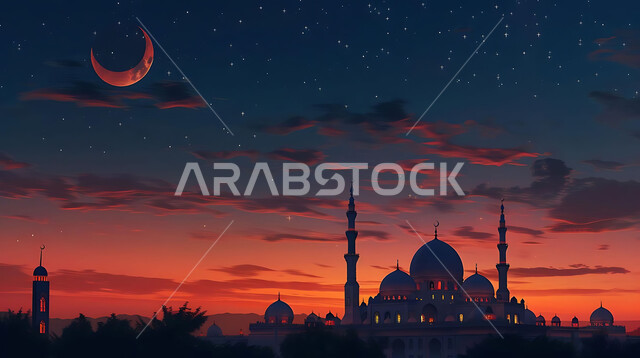  الفن الهندسي المعماري للمساجد، ديكورات وتصاميم متميزة على الطراز الاسلامي للقبب والمآذن المضيئة ليلا، مسجد عربي فاخر، العبادة والتقرب إلى الله، آداء الفرائض والصلوات، خلفيات دينية رمضانية، منظر الهلال في السماء
