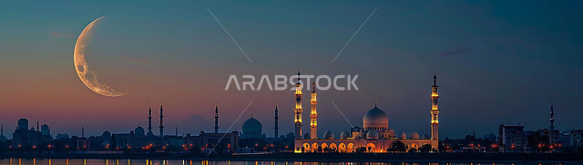  الفن الهندسي المعماري للمساجد، ديكورات وتصاميم متميزة على الطراز الاسلامي للقبب والمآذن المضيئة ليلا، مسجد عربي فاخر، العبادة والتقرب إلى الله، آداء الفرائض والصلوات، خلفيات دينية رمضانية، منظر الهلال في السماء