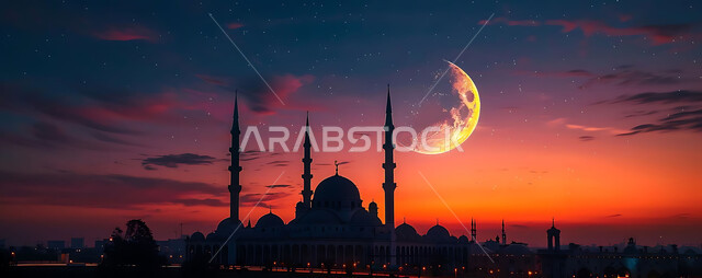  الفن الهندسي المعماري للمساجد، ديكورات وتصاميم متميزة على الطراز الاسلامي للقبب والمآذن المضيئة ليلا، مسجد عربي فاخر، العبادة والتقرب إلى الله، آداء الفرائض والصلوات، خلفيات دينية رمضانية، منظر الهلال في السماء