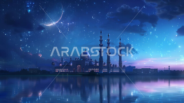  الفن الهندسي المعماري للمساجد، ديكورات وتصاميم متميزة على الطراز الاسلامي للقبب والمآذن المضيئة ليلا، مسجد عربي فاخر، العبادة والتقرب إلى الله، آداء الفرائض والصلوات، خلفيات دينية رمضانية، منظر الهلال في السماء