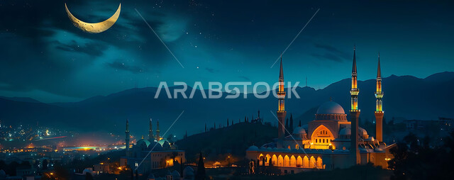  الفن الهندسي المعماري للمساجد، ديكورات وتصاميم متميزة على الطراز الاسلامي للقبب والمآذن المضيئة ليلا، مسجد عربي فاخر، العبادة والتقرب إلى الله، آداء الفرائض والصلوات، خلفيات دينية رمضانية، منظر الهلال في السماء