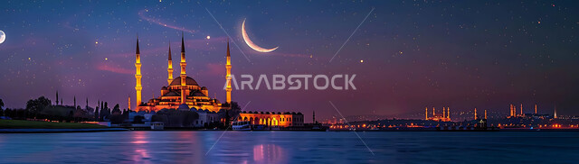  الفن الهندسي المعماري للمساجد، ديكورات وتصاميم متميزة على الطراز الاسلامي للقبب والمآذن المضيئة ليلا، مسجد عربي فاخر، العبادة والتقرب إلى الله، آداء الفرائض والصلوات، خلفيات دينية رمضانية، منظر الهلال في السماء