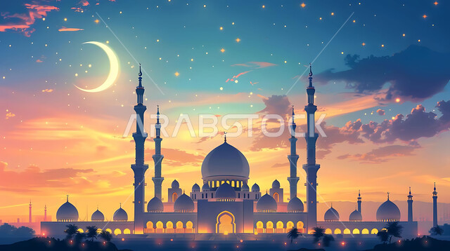 The view of the crescent moon in the sky, the architectural art of mosques, distinct Islamic-style decorations and designs for domes and minarets illuminated at night, a luxurious Arab mosque, worship and getting closer to God, performing obligatory prayers and prayers, Ramadan religious backgrounds