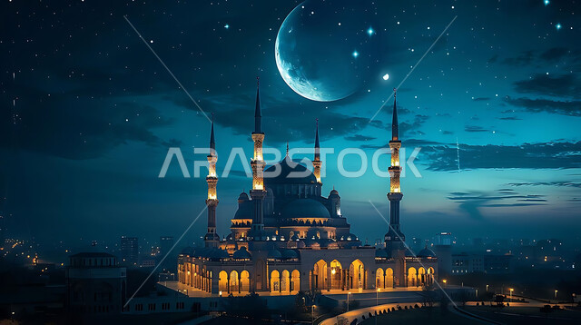  منظر الهلال في السماء، الفن الهندسي المعماري للمساجد، ديكورات وتصاميم متميزة على الطراز الاسلامي للقبب والمآذن المضيئة ليلا، مسجد عربي فاخر، العبادة والتقرب إلى الله، آداء الفرائض والصلوات، خلفيات دينية رمضانية