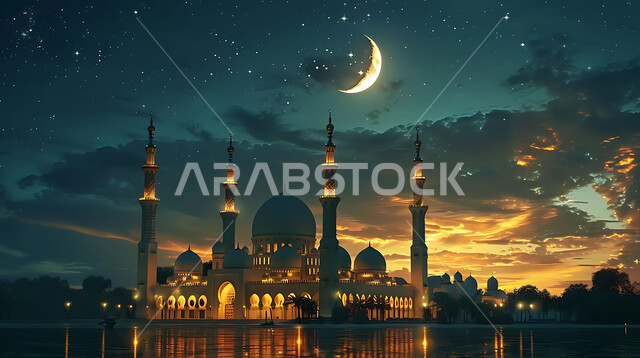  منظر الهلال في السماء، الفن الهندسي المعماري للمساجد، ديكورات وتصاميم متميزة على الطراز الاسلامي للقبب والمآذن المضيئة ليلا، مسجد عربي فاخر، العبادة والتقرب إلى الله، آداء الفرائض والصلوات، خلفيات دينية رمضانية