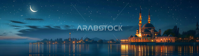  منظر الهلال في السماء، الفن الهندسي المعماري للمساجد، ديكورات وتصاميم متميزة على الطراز الاسلامي للقبب والمآذن المضيئة ليلا، مسجد عربي فاخر، العبادة والتقرب إلى الله، آداء الفرائض والصلوات، خلفيات دينية رمضانية
