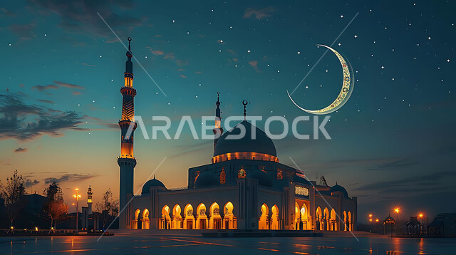  منظر الهلال في السماء، الفن الهندسي المعماري للمساجد، ديكورات وتصاميم متميزة على الطراز الاسلامي للقبب والمآذن المضيئة ليلا، مسجد عربي فاخر، العبادة والتقرب إلى الله، آداء الفرائض والصلوات، خلفيات دينية رمضانية