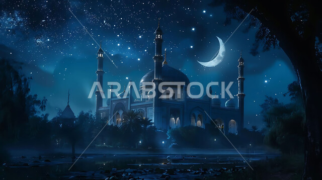  منظر الهلال في السماء، الفن الهندسي المعماري للمساجد، ديكورات وتصاميم متميزة على الطراز الاسلامي للقبب والمآذن المضيئة ليلا، مسجد عربي فاخر، العبادة والتقرب إلى الله، آداء الفرائض والصلوات، خلفيات دينية رمضانية