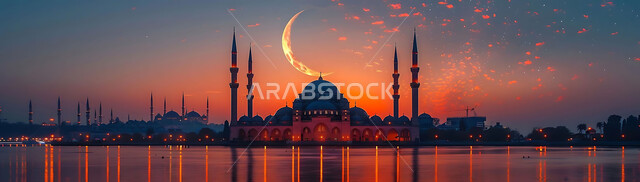 The view of the crescent moon in the sky, the architectural art of mosques, distinct Islamic-style decorations and designs for domes and minarets illuminated at night, a luxurious Arab mosque, worship and getting closer to God, performing obligatory prayers and prayers, Ramadan religious backgrounds