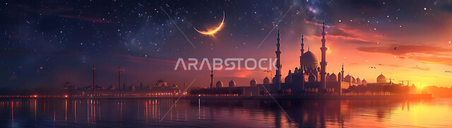  منظر الهلال في السماء، الفن الهندسي المعماري للمساجد، ديكورات وتصاميم متميزة على الطراز الاسلامي للقبب والمآذن المضيئة ليلا، مسجد عربي فاخر، العبادة والتقرب إلى الله، آداء الفرائض والصلوات، خلفيات دينية رمضانية