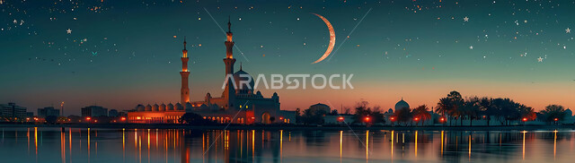  منظر الهلال في السماء، الفن الهندسي المعماري للمساجد، ديكورات وتصاميم متميزة على الطراز الاسلامي للقبب والمآذن المضيئة ليلا، مسجد عربي فاخر، العبادة والتقرب إلى الله، آداء الفرائض والصلوات، خلفيات دينية رمضانية