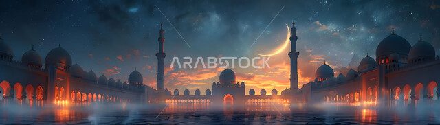  منظر الهلال في السماء، الفن الهندسي المعماري للمساجد، ديكورات وتصاميم متميزة على الطراز الاسلامي للقبب والمآذن المضيئة ليلا، مسجد عربي فاخر، العبادة والتقرب إلى الله، آداء الفرائض والصلوات، خلفيات دينية رمضانية