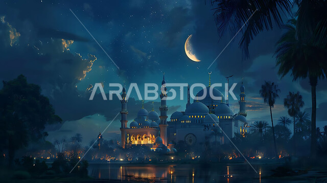  منظر الهلال في السماء، الفن الهندسي المعماري للمساجد، ديكورات وتصاميم متميزة على الطراز الاسلامي للقبب والمآذن المضيئة ليلا، مسجد عربي فاخر، العبادة والتقرب إلى الله، آداء الفرائض والصلوات، خلفيات دينية رمضانية