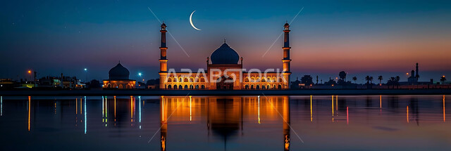  منظر الهلال في السماء، الفن الهندسي المعماري للمساجد، ديكورات وتصاميم متميزة على الطراز الاسلامي للقبب والمآذن المضيئة ليلا، مسجد عربي فاخر، العبادة والتقرب إلى الله، آداء الفرائض والصلوات، خلفيات دينية رمضانية