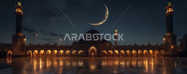  منظر الهلال في السماء، الفن الهندسي المعماري للمساجد، ديكورات وتصاميم متميزة على الطراز الاسلامي للقبب والمآذن المضيئة ليلا، مسجد عربي فاخر، العبادة والتقرب إلى الله، آداء الفرائض والصلوات، خلفيات دينية رمضانية