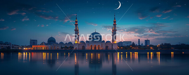  منظر الهلال في السماء، الفن الهندسي المعماري للمساجد، ديكورات وتصاميم متميزة على الطراز الاسلامي للقبب والمآذن المضيئة ليلا، مسجد عربي فاخر، العبادة والتقرب إلى الله، آداء الفرائض والصلوات، خلفيات دينية رمضانية