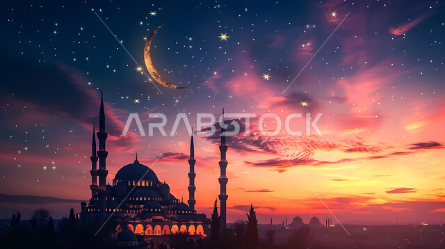  منظر الهلال في السماء، الفن الهندسي المعماري للمساجد، ديكورات وتصاميم متميزة على الطراز الاسلامي للقبب والمآذن المضيئة ليلا، مسجد عربي فاخر، العبادة والتقرب إلى الله، آداء الفرائض والصلوات، خلفيات دينية رمضانية