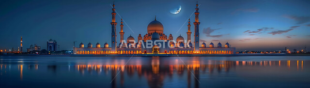  منظر الهلال في السماء، الفن الهندسي المعماري للمساجد، ديكورات وتصاميم متميزة على الطراز الاسلامي للقبب والمآذن المضيئة ليلا، مسجد عربي فاخر، العبادة والتقرب إلى الله، آداء الفرائض والصلوات، خلفيات دينية رمضانية