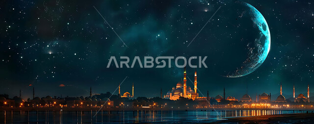  منظر الهلال في السماء، الفن الهندسي المعماري للمساجد، ديكورات وتصاميم متميزة على الطراز الاسلامي للقبب والمآذن المضيئة ليلا، مسجد عربي فاخر، العبادة والتقرب إلى الله، آداء الفرائض والصلوات، خلفيات دينية رمضانية