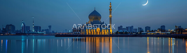  منظر الهلال في السماء، الفن الهندسي المعماري للمساجد، ديكورات وتصاميم متميزة على الطراز الاسلامي للقبب والمآذن المضيئة ليلا، مسجد عربي فاخر، العبادة والتقرب إلى الله، آداء الفرائض والصلوات، خلفيات دينية رمضانية