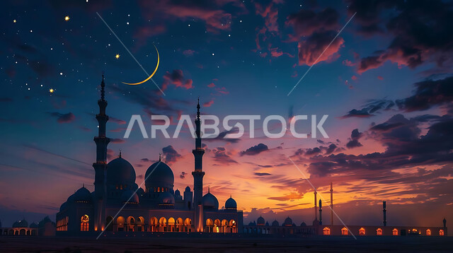  منظر الهلال في السماء، الفن الهندسي المعماري للمساجد، ديكورات وتصاميم متميزة على الطراز الاسلامي للقبب والمآذن المضيئة ليلا، مسجد عربي فاخر، العبادة والتقرب إلى الله، آداء الفرائض والصلوات، خلفيات دينية رمضانية