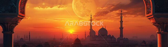  منظر الهلال في السماء، الفن الهندسي المعماري للمساجد، ديكورات وتصاميم متميزة على الطراز الاسلامي للقبب والمآذن المضيئة ليلا، مسجد عربي فاخر، العبادة والتقرب إلى الله، آداء الفرائض والصلوات، خلفيات دينية رمضانية