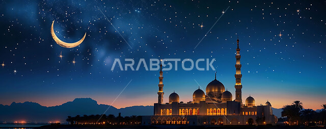  منظر الهلال في السماء، الفن الهندسي المعماري للمساجد، ديكورات وتصاميم متميزة على الطراز الاسلامي للقبب والمآذن المضيئة ليلا، مسجد عربي فاخر، العبادة والتقرب إلى الله، آداء الفرائض والصلوات، خلفيات دينية رمضانية
