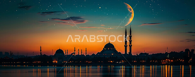 منظر الهلال في السماء، الفن الهندسي المعماري للمساجد، ديكورات وتصاميم متميزة على الطراز الاسلامي للقبب والمآذن المضيئة ليلا، مسجد عربي فاخر، العبادة والتقرب إلى الله، آداء الفرائض والصلوات، خلفيات دينية رمضانية