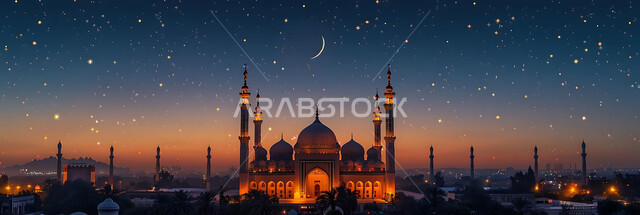  منظر الهلال في السماء، الفن الهندسي المعماري للمساجد، ديكورات وتصاميم متميزة على الطراز الاسلامي للقبب والمآذن المضيئة ليلا، مسجد عربي فاخر، العبادة والتقرب إلى الله، آداء الفرائض والصلوات، خلفيات دينية رمضانية