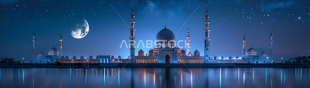  منظر الهلال في السماء، الفن الهندسي المعماري للمساجد، ديكورات وتصاميم متميزة على الطراز الاسلامي للقبب والمآذن المضيئة ليلا، مسجد عربي فاخر، العبادة والتقرب إلى الله، آداء الفرائض والصلوات، خلفيات دينية رمضانية