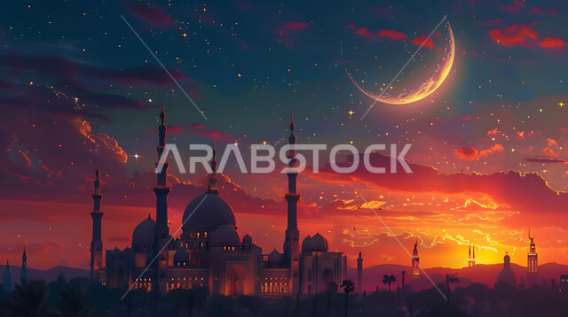  منظر الهلال في السماء، الفن الهندسي المعماري للمساجد، ديكورات وتصاميم متميزة على الطراز الاسلامي للقبب والمآذن المضيئة ليلا، مسجد عربي فاخر، العبادة والتقرب إلى الله، آداء الفرائض والصلوات، خلفيات دينية رمضانية