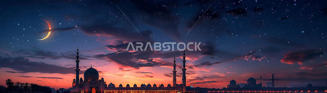 The view of the crescent moon in the sky, the architectural art of mosques, distinct Islamic-style decorations and designs for domes and minarets illuminated at night, a luxurious Arab mosque, worship and getting closer to God, performing obligatory prayers and prayers, Ramadan religious backgrounds