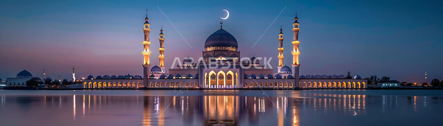  منظر الهلال في السماء، الفن الهندسي المعماري للمساجد، ديكورات وتصاميم متميزة على الطراز الاسلامي للقبب والمآذن المضيئة ليلا، مسجد عربي فاخر، العبادة والتقرب إلى الله، آداء الفرائض والصلوات، خلفيات دينية رمضانية